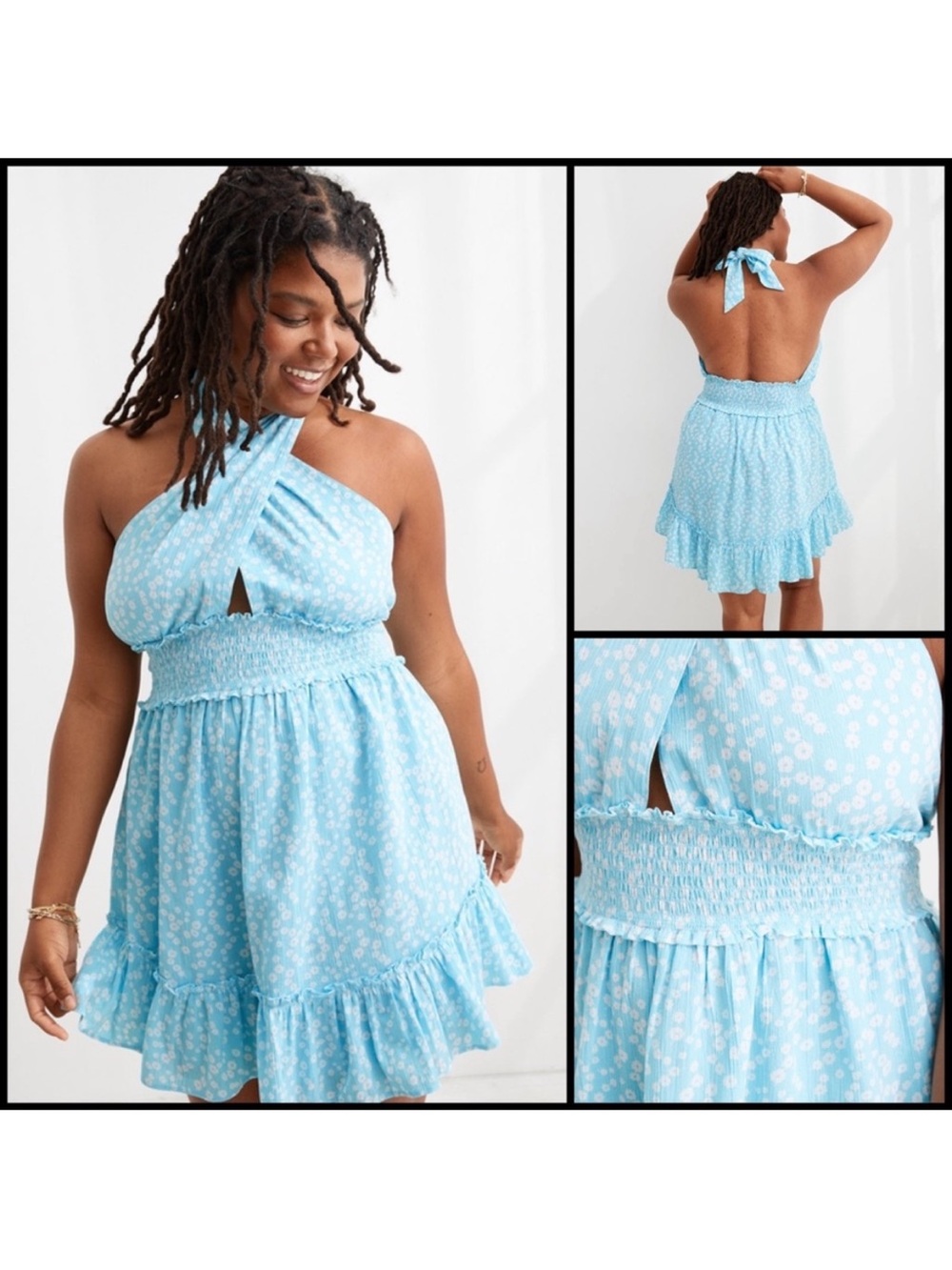 aerie Light Blue Floral Halter Smocked Mini Dress